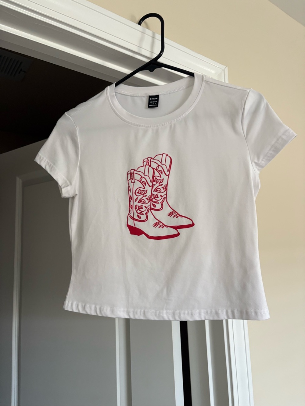 SHEIN White Crop Tee with Pink Cowboy Boot Graphic